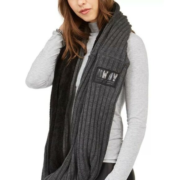 DKNY Fleece-Lined Knit Infinity Scarf, Gray - Picture 1 of 13